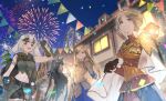  4girls absurdres aiguillette animal_ears armor bandaged_arm bandages belt black_belt black_hair blonde_hair braid braided_bun brown_gloves bunting cape cloak cocoa_(sword_of_convallaria) commentary_request crop_top cuirass fingerless_gloves fireworks gauntlets gloria_(sword_of_convallaria) gloves goggles goggles_on_head gradient_hair green_eyes green_shirt grey_hair hair_bun hand_up highres inanna_(sword_of_convallaria) juliet_sleeves lamppost light_smile lock long_hair long_sleeves lop_rabbit_ears momo_(sword_of_convallaria) multicolored_hair multiple_girls open_mouth outdoors padlock padlocked_collar pauldrons potion profile puffy_sleeves rabbit_ears rabbit_girl shiomi_(lowrise) shirt shoulder_armor single_pauldron sword_of_convallaria torn_cloak torn_clothes white_hair 