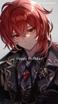  1boy ahoge bangs birthday black_jacket closed_mouth crossed_arms diluc_ragnvindr genshin_impact gloves grey_background hair_between_eyes happy_birthday highres jacket long_hair long_sleeves male_focus qi2341 red_eyes red_hair repost_notice simple_background solo twitter_username upper_body 