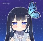  1girl aoi_nabi bangs black_hair blue_eyes bow bow_earrings bug butterfly butterfly_hair_ornament cleavage_cutout clothing_cutout commentary earrings english_commentary grey_sweater hair_ornament hairclip indie_virtual_youtuber insect jacket jewelry kukie-nyan long_hair looking_at_viewer meme_attire mini_necktie open-chest_sweater signature silver_jacket simple_background sky smile solo star_(sky) starry_sky sweater virtual_youtuber 