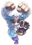  1boy bengus clenched_hands darkstalkers facing_viewer fangs full_body game_cg grin highres looking_at_viewer monster non-web_source official_art painting_(medium) red_eyes sasquatch_(darkstalkers) simple_background smile solo traditional_media watercolor_(medium) white_background white_fur yeti_(creature) 