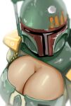  1girl armor blur boba_fett breasts cleavage english_commentary from_above genderswap genderswap_(mtf) helmet highres huge_breasts krita_(medium) looking_at_viewer mandalorian science_fiction shiny shiny_skin simple_background solo star_wars telepurte white_background 