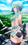  1girl aqua_bra armor ass bikini_armor black_gloves black_panties black_thighhighs blue_hair blush bow_(weapon) bra day deviantart_logo facebook_logo from_behind gloves green_eyes hair_ornament hairclip highres holding holding_bow_(weapon) holding_weapon open_mouth outdoors panties pixiv_logo profile short_hair_with_long_locks shoulder_armor shoulder_blades shugo19 sidelocks sinon solo sword_art_online thighhighs twisted_torso twitter_logo underwear watermark weapon 