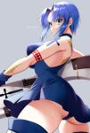  1girl artist_name ass bangs bare_arms bare_shoulders blue_dress blue_eyes blue_gloves blue_hair blue_legwear blue_panties bodypaint breasts ciel_(tsukihime) cowboy_shot dress from_behind frown gloves hair_intakes highres holding holding_weapon looking_at_viewer looking_back medium_breasts omiyacha panties parted_bangs pile_bunker powerd_ciel seventh_holy_scripture short_dress short_hair sidelocks simple_background sleeveless sleeveless_dress solo standing thighhighs tsukihime twisted_torso twitter_username underwear weapon 