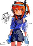 1girl a.i._voice adachi_rei alternate_costume android arms_at_sides bare_shoulders black_shirt black_shorts bow chibi chibi_inset cowboy_shot flat_chest gloves hair_bow headset highres holding holding_knife jacket joints knife medium_hair microphone off_shoulder one_side_up open_mouth orange_eyes orange_hair robot_joints shirt shorts signature simple_background sleeveless sleeveless_shirt smile solo standing tanglaoban1225 utau visor_cap white_background white_gloves white_jacket 