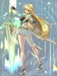  1girl blonde_hair breasts chest_jewel chiga_akira earrings elbow_gloves full_body gloves high_heels highres holding holding_sword holding_weapon huge_weapon jewelry large_breasts long_hair looking_at_viewer mythra_(xenoblade) planted planted_sword skirt smile solo swept_bangs sword tiara very_long_hair weapon xenoblade_chronicles_(series) xenoblade_chronicles_2 yellow_eyes 