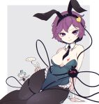  2girls animal_ears artist_name black_necktie blue_leotard blush breasts bunny_day chest_tattoo closed_mouth collarbone dated embarrassed fake_animal_ears green_hair grey_background highres komeiji_koishi komeiji_satori leotard looking_at_viewer medium_breasts multiple_girls necktie nipples pantyhose playboy_bunny purple_eyes purple_hair rabbit_ears short_hair sitting tami_(joemanyodw) tattoo thighs third_eye touhou v wrist_cuffs 