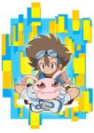  1boy blue_shirt brown_eyes brown_hair brown_shorts crossed_legs digimon digimon_(creature) digimon_adventure goggles goggles_on_head highres koromon nobile1031 parted_lips shirt shoes short_sleeves shorts sitting smile socks solo white_footwear yagami_taichi 