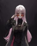  1girl alternate_costume black_jacket black_pants black_suit breasts business_suit chest_belt formal_clothes highres hololive hololive_english jacket large_breasts long_hair long_sleeves looking_at_viewer looking_over_eyewear mori_calliope orange-tinted_eyewear pant_suit pants pink_eyes pink_hair red-tinted_eyewear red_eyes round_eyewear shirt solo suit suit_jacket sunglasses tablicoart tinted_eyewear virtual_youtuber yellow-tinted_eyewear 