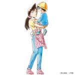  1boy 1girl aoyama_goushou apron black-framed_eyewear black_hair blue_eyes blue_pants blue_shirt blush checkered_apron checkered_clothes closed_mouth copyright_notice edogawa_conan eye_contact glasses green_shoes grey_shorts hair_ornament hair_scrunchie hat highres kindergarten_uniform lifting_person long_hair long_sleeves looking_at_another low_ponytail meitantei_conan mouri_ran official_alternate_hairstyle open_mouth pants ponytail red_apron red_scrunchie red_shoes scrunchie shirt shoes short_hair short_sleeves shorts simple_background smile socks white_background white_socks yellow_hat yellow_shirt 
