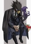  1boy adjusting_bowtie animal_head artist_name beak bird_boy black_coat black_jacket black_necktie black_shoes black_suit boku_no_hero_academia border bouquet bow bowtie claws closed_mouth coat coat_on_shoulders collared_shirt commentary_request dark_shadow dress_pants dress_shoes flower formal_clothes from_above full_body grey_background invisible_chair jacket kadeart long_sleeves looking_at_viewer looking_up male_focus necktie outside_border own_hands_clasped own_hands_together pants red_eyes red_flower shirt shoes sitting striped_clothes striped_jacket striped_pants striped_suit suit tokoyami_fumikage vertical-striped_clothes vertical-striped_jacket vertical-striped_pants vertical-striped_suit white_border white_bow white_bowtie white_shirt wing_collar wing_ornament yellow_eyes 