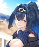  3girls absurdres beach black_hair blue_eyes blue_one-piece_swimsuit blue_sky breasts chain chain_headband cleavage cleavage_cutout clothing_cutout day fyrlia2 hair_intakes hakos_baelz highres hololive hololive_english holonatsu_paradise irys_(hololive) irys_(holonatsu_paradise)_(hololive) large_breasts long_hair looking_at_viewer multiple_girls ocean official_alternate_costume official_alternate_hairstyle one-piece_swimsuit ouro_kronii ouro_kronii_(holonatsu_paradise) outdoors ponytail sand sky swimsuit virtual_youtuber 