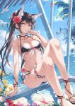  1girl animal_ear_fluff animal_ears ankle_lace-up bare_shoulders bikini bird black_bikini black_sandals breasts cloud collarbone commentary_request crescent crescent_necklace cross cross_earrings day earrings flower foot_out_of_frame fox_ears fox_girl fuuro_(johnsonwade) hair_flower hair_ornament hair_ribbon halterneck hibiscus highres jewelry latin_cross long_hair looking_at_viewer medium_breasts multi-strapped_bikini_bottom nail_polish navel necklace ocean on_railing original outdoors palm_tree parted_lips pink_flower railing red_eyes red_flower red_nails red_ribbon ribbon sandals seagull side-tie_bikini_bottom sitting sky smile solo summer swimsuit thighlet toenail_polish toenails tree twintails underboob very_long_hair water_drop wet white_bird white_flower wrist_flower x_hair_ornament yellow_flower 