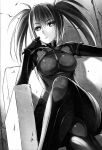  1girl aged_up belt black_belt bodysuit breasts crossed_legs expressionless gloves greyscale highres ikeda_yasuhiro latex latex_bodysuit latex_gloves leather_belt long_hair looking_at_viewer medium_breasts monochrome non-web_source official_art ringed_eyes science_adventure sitting skin_tight solo square_pupils steins;gate tennouji_nae twintails 