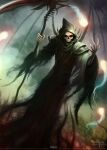  1other artist_logo artist_name black_robe character_name cloak commentary death_(entity) english_commentary english_text green_cloak grim_reaper highres holding holding_scythe hood hood_up hooded_cloak logo original realistic robe scythe serathus skeleton skull solo weapon 