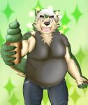  2021 anthro black_nose bottomwear canid canine canis clothing dessert domestic_dog food fur green_body green_fur hi_res humanoid_hands ice_cream kemono live-a-hero male mammal mokdai overweight overweight_anthro overweight_male pants shirt solo topwear video_games yom_mido_plus 