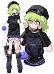  1girl absurdres adjusting_eyewear alternate_costume alternate_headwear bag belt_collar bespectacled black_bag black_hat black_shirt black_shoes collar commentary eyeball glasses green_eyes green_hair hand_on_eyewear hat heart highres holding holding_bag komeiji_koishi leg_warmers looking_at_viewer miniskirt multiple_views plaid_clothes plaid_skirt pleated_skirt purple_nails sample_watermark shirt shoes short_sleeves simple_background skirt smile takki_(takkiko) teardrop-framed_glasses third_eye torn_clothes torn_skirt touhou touhou_hero_of_ice_fairy watermark white_background 