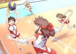  4girls action ankle_socks arms_behind_back arms_up artist_name bangs blonde_hair brown_eyes brown_hair coco&#039;s commentary crowd elbow_pads fukuda_haru girls_und_panzer hair_pulled_back hairband headband highres isobe_noriko jumping kawanishi_shinobu knee_pads kondou_taeko leaning_forward logo long_hair looking_at_another medium_hair multiple_girls no_socks open_mouth ponytail red_headband red_legwear red_shirt red_shorts romaji_text running sasaki_akebi satou_yasu shirt shoes short_hair short_ponytail short_shorts shorts signature single_vertical_stripe sleeveless sleeveless_shirt sneakers socks spiking sportswear standing swept_bangs volleyball volleyball_net volleyball_uniform white_footwear white_hairband 