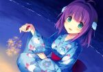  1girl antenna_hair ao_no_kanata_no_four_rhythm aqua_eyes beach blue_kimono blunt_bangs blush commentary_request dutch_angle feet_out_of_frame fireworks floral_print floral_print_kimono hair_intakes hand_up highres holding holding_fireworks ichinose_rika japanese_clothes kimono long_sleeves looking_at_viewer medium_hair night ocean official_art open_mouth outdoors print_kimono purple_hair smile solo sparkler sparks squatting story_in_commentary straight_hair suzumori tareme underlighting wide_sleeves 