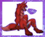  2015 alpha_channel animal_genitalia animal_penis anthro balls border canid canine canine_penis canis claws cynthiasrayquaza dialogue digital_drawing_(artwork) digital_media_(artwork) digitigrade dipstick_tail english_text erection feet five_nights_at_freddy&#039;s fox foxy_(fnaf) fur genitals knot male mammal multicolored_tail muscular muscular_anthro muscular_male nude open_mouth pecs penis profanity purple_border red_body red_fur scar simple_background sitting solo teeth text tongue transparent_background video_games watermark yellow_eyes 