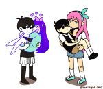  2boys 2girls antenna_hair aubrey_(faraway)_(omori) aubrey_(headspace)_(omori) aubrey_(omori) bandaid bandaid_on_leg barefoot black_eyes black_hair black_shoes black_socks black_sweater_vest black_tank_top blue_eyes blue_hairband blue_shirt blue_skirt bow brown_shorts carrying closed_eyes closed_mouth collared_shirt colored_skin couple denim denim_skirt double-parted_bangs dual_persona expressionless hair_bow hairband happy heart highres hug jacket kneehighs kodomo_doushi long_hair long_shirt looking_at_another miya_(baelfight) multiple_boys multiple_girls omori omori_(omori) pink_bow pink_hair princess_carry purple_hair shirt shoes short_hair shorts simple_background skirt sneakers socks striped_clothes striped_shorts sunny_(omori) sweater_vest t-shirt tank_top twitter_username unamused vertical-striped_clothes vertical-striped_shorts white_background white_jacket white_shirt white_shorts white_skin white_socks 
