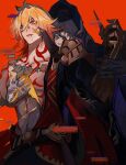  2boys armor black_cloak black_coat blonde_hair blood blood_drip blood_from_mouth blue_eyes braid chest_tattoo chinese_commentary clawed_gauntlets cloak coat commentary_request deep_wound earrings facial_tattoo flame_reaver_of_the_deepest_dark gold_earrings gold_necklace gradient_hair hair_between_eyes hand_on_another&#039;s_chest highres honkai:_star_rail honkai_(series) hood hood_up hooded_cloak injury jewelry male_focus medium_hair multicolored_hair multiple_boys mydei_(honkai:_star_rail) necklace open_clothes open_coat pauldrons phainon_(honkai:_star_rail) red_background red_hair red_tattoo short_hair shoulder_armor side_braid simple_background single_pauldron tattoo toned toned_male white_hair xioyo15409643 yellow_blood yellow_eyes 