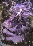  1girl absurdres bare_shoulders closed_mouth dancing dress elbow_gloves eyelashes floating_hair full_body gloves gown hair_floating_upwards hair_ornament happy highres lace-trimmed_gloves lace_trim long_dress long_hair looking_at_object nikki_(series) purple_dress purple_eyes purple_gloves purple_hair qingxu shirt skirt_hold smile space star_(symbol) star_hair_ornament star_sea_(nikki) statue strapless strapless_shirt very_long_hair 
