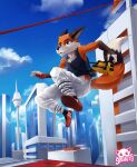  anthro canid canine city fox fur hi_res jumping male mammal sky solo sparkittyart video_games 