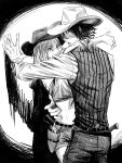  1boy 1girl alternate_costume arm_around_neck arm_around_waist black_hair couple cowboy cowboy_hat cowboy_shot cowgirl_(western) green_eyes gun hair_between_eyes hand_in_another's_hair haruno_sakura hat hetero highres holstered long_sleeves midriff naruto_(series) naruto_shippuuden parted_bangs parted_lips red_eyes shirt short_hair short_shorts shorts sleeves_rolled_up striped_clothes striped_vest tied_shirt trano_613 uchiha_sasuke vest weapon 