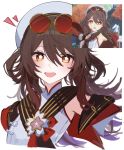  1girl absurdres brown_hair chinese_clothes commentary_request detached_sleeves eyewear_on_head flower-shaped_pupils game_screenshot_inset genshin_impact hair_between_eyes hat highres hu_tao_(cherries_snow-laden)_(genshin_impact) hu_tao_(genshin_impact) long_hair magnet_8_8 open_mouth red-tinted_eyewear red_eyes round_eyewear sidelocks smile solo sunglasses symbol-shaped_pupils tinted_eyewear upper_body white_background white_hat 