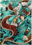  1boy 1other absurdres aqua_eyes aqua_helmet aqua_jacket aqua_pants araki_hirohiko_(style) black_hair bob_cut bruno_bucciarati chest_tattoo closed_mouth english_commentary hair_ornament hairclip helmet highres jacket jojo_no_kimyou_na_bouken long_sleeves looking_at_another open_mouth painting_(medium) pants spiked_helmet stand_(jojo) sticky_fingers_(stand) tattoo teeth traditional_media vento_aureo watercolor_(medium) xfkart yellow_lips zipper zipper_pull_tab 
