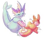  ambiguous_gender angry anthro blue_body brown_body brown_fur canid cross-popping_vein duo eevee eeveelution fur japanese_text mammal nintendo nude pain pok&eacute;mon pok&eacute;mon_(species) revenge severed_tail_(artist) text vaporeon video_games 