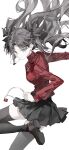  1girl absurdres black_hair black_skirt black_thighhighs blue_eyes brown_shoes closed_mouth fate_(series) highres holding long_hair long_sleeves looking_at_viewer luozhou_pile parted_bangs red_shirt rin&#039;s_pendant_(fate) shirt shoes simple_background skirt solo standing standing_on_one_leg thighhighs tohsaka_rin twintails white_background 