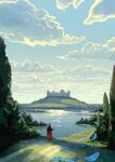  2boys alphonse_elric animal blue_flower blue_petals blue_sky braid braided_ponytail brown_hair castle cloud cloudy_sky coat commentary day denis_istomin dirt_road edward_elric english_commentary falling_petals flower forget-me-not_(flower) fullmetal_alchemist grazing_(livestock) island lake long_hair meadow morning multiple_boys nature ocean perspective petals red_coat road scenery sheep sky too_many_flowers tree wide_shot 