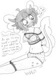 amphibian anthro axolotl bdsm bound bra breasts clothing english_text female freckles frilly frilly_bra frilly_clothing frilly_panties frilly_underwear gag hi_res limpurtikles marine mole_salamander monochrome musical_note musical_symbol panties salamander small_breasts solo symbol tape tape_gag text underwear vitzy_(vitzypie)