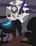 absurd_res anthro blood bodily_fluids bovid caprine clothing energy energy_weapon female goat grey_hair hair hi_res mammal mask science_fiction simple_background weapon zortrex