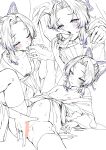  1girl 1other bar_censor blush breasts butterfly_hair_ornament carrot_(robosquat) censored closed_eyes clothes_down commentary_request curtained_hair fingering greyscale hair_ornament highres holding_another&#039;s_tongue japanese_clothes kimetsu_no_yaiba kimono kochou_shinobu licking licking_finger lying monochrome multiple_views nipples on_back open_mouth parted_bangs pregnant short_hair small_breasts solo_focus spot_color tongue tongue_out twitter_username yukata 