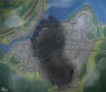 1-bobu 5_toes aerial_view anthro barefoot bone city cityscape claws crush demon destruction digit_ring feet footprint hi_res imp jewelry landscape macro male ring skull soles solo stomping toe_ring toes walking