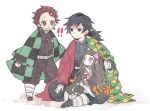  1girl 2boys black_hair brown_hair buttons demon_slayer_uniform full_body japanese_clothes kamado_nezuko kamado_tanjirou kimetsu_no_yaiba kimono long_hair multiple_boys pink_kimono ponytail puffy_pants short_hair simple_background sitting spiked_hair tomioka_giyuu tuduri white_background 