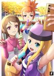  3girls blonde_hair blue_eyes closed_mouth digimon digimon_adventure_02 digimon_frontier digimon_tamers elbow_gloves fingerless_gloves food gloves hat highres holding holding_food holding_ice_cream holding_phone holding_popsicle ice_cream jacket long_hair looking_at_viewer makino_ruki medium_hair multiple_girls nail_polish open_mouth orange_hair orimoto_izumi phone pink_eyes pink_nails pink_shirt ponytail popsicle purple_eyes purple_hat purple_jacket purple_shirt shirt short_hair shorts sidelocks sleeveless sleeveless_jacket striped_clothes striped_shirt teng_zhai_zi v white_shirt yagami_hikari yellow_shorts 