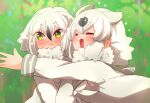  2girls animal_ears bird_girl bird_wings blush closed_eyes coat coroha extra_ears feathered_wings head_wings kemono_friends kemono_friends_3 multiple_girls outdoors raccoon_ears raccoon_girl scarf school_uniform serafuku short_hair snowy_owl_(kemono_friends) tanuki_(kemono_friends) upper_body white_hair wings yellow_eyes 