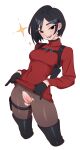  1girl absurdres ada_wong black_eyes black_gloves black_hair breasts cropped_legs gloves highres looking_at_viewer maidcousin medium_breasts open_mouth pantyhose parted_bangs pouch pussy red_sweater resident_evil simple_background smile solo sweater thigh_pouch thigh_strap torn_clothes torn_pantyhose turtleneck turtleneck_sweater uncensored white_background 