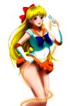  1girl aino_minako back_bow bishoujo_senshi_sailor_moon blonde_hair blue_bow blue_eyes bow breasts chain choker cleavage collarbone commentary cowboy_shot earrings elbow_gloves gloves grimbyslayer hair_bow half_updo hand_up highres holding holding_chain jewelry leotard leotard_peek long_hair looking_at_viewer magical_girl medium_breasts miniskirt open_mouth orange_choker orange_sailor_collar pleated_skirt red_bow sailor_collar sailor_senshi_uniform sailor_venus simple_background skirt solo standing tiara transparent_background v venus_love_me_chain white_gloves white_leotard yellow_bow 