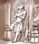 2025 4_fingers anthro armor backpack barefoot bottomwear brown_and_white can canned_food claws clothed clothing container cutlery detailed_background digitigrade eating feet female fingers flat_chested food gun headgear helmet hi_res holding_object holding_spoon inheritor inside kitchen_utensils leaning_on_wall lizard monochrome myshu project_silverfish ranged_weapon reptile rifle scalie scarf scope shirt shorts solo spoon spot_color tank_top toe_claws tools topwear weapon