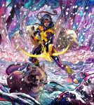  1girl abstract_background aiming aiming_down animal animal_ears arrow_(projectile) badge bear bear_ears belt_pouch black_hair bodysuit bow_(weapon) braid brown_eyes colorful_background dark-skinned_female dark_skin dynamic_pose earrings energy feather_earrings feathers forest glint gloves grey_fur grey_wolf headdress highres holding holding_bow_(weapon) holding_weapon jewelry long_hair marvel marvel_snap mirage_(marvel) native_american native_american_headdress nature new_mutants official_art outdoors pouch quiver rock science_fiction shiny_skin single_braid sky skyline snow snowflakes snowing solo solo_focus sparkle star_(sky) starry_sky superhero_costume tail tree twin_braids two-tone_bodysuit vinartwork weapon western_comics_(style) white_fur winter wolf wolf_ears wolf_tail x-men yellow_gloves 
