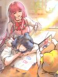  2girls ^_^ absurdres animal argyle_clothes argyle_dress arm_on_table arms_on_table artist_self-insert black_hair bloom_poetry_(shining_nikki) blunt_bangs bow bowtie cat cellphone child&#039;s_drawing cloak closed_eyes clothed_animal clothes_writing collared_shirt colored_pencil day drawing_(action) drawing_(object) dress ear_covers eyelashes faceless faceless_female frilled_shirt_collar frilled_sleeves frills hair_bun hair_over_eyes hand_on_another&#039;s_shoulder happy head_on_table high_collar highres holding holding_pencil holding_phone hood hood_up hooded_cloak indoors light_particles light_rays lipstick living_room long_hair long_sidelocks long_sleeves makeup momo_(nikki) multiple_girls nikki_(nikki) nikki_(series) oc_x_canon open_mouth original outline paper pencil phone pinafore_dress pink_dress pink_hair pink_lips plant potted_plant qingxu recording red_bow red_bowtie shining_nikki shirt short_sleeves sidelocks single_hair_bun sleeveless sleeveless_dress sleeves_past_wrists smartphone smile straight_hair sunlight table teeth television upper_body very_long_hair white_cat white_outline white_shirt window yellow_cloak yuri 