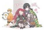  1girl 3boys ? agatsuma_zenitsu black_eyes black_hair black_jacket blonde_hair brown_hair buttons closed_eyes closed_mouth demon_slayer_uniform full_body jacket japanese_clothes kamado_nezuko kamado_tanjirou kimetsu_no_yaiba kimono long_hair looking_at_another multiple_boys pink_kimono ponytail puffy_pants short_hair simple_background sitting smile spiked_hair teeth tomioka_giyuu tuduri upper_teeth_only walking white_background yellow_eyes 