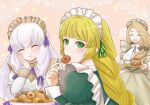  3girls apron biscuit_(bread) blonde_hair blue_dress blush bow braid breasts brown_apron cake closed_eyes closed_mouth cookie cup dress fire_emblem fire_emblem:_three_houses fire_emblem_heroes food grey_apron hair_bow hair_ornament hair_ribbon headdress holding holding_tray ingrid_brandl_galatea_(cordial_teatime) juliet_sleeves long_hair long_sleeves lysithea_von_ordelia lysithea_von_ordelia_(tea_party) maid maid_apron maid_headdress medium_breasts mercedes_von_martritz mercedes_von_martritz_(tea_party) multiple_girls official_alternate_costume official_alternate_hairstyle open_mouth puffy_sleeves purple_ribbon ribbon smile teacup tray twin_braids upper_body white_apron white_dress white_hair yuurifeh 