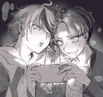  2boys blush cellphone earbuds earphones greyscale guco_(gco_h) heart highres holding holding_phone hood hoodie implied_pornography jacket jacket_over_hoodie looking_at_phone male_focus maruko_gaku monochrome multicolored_hair multiple_boys phone puff_of_air screen_light shirt short_hair smartphone spoken_heart streaked_hair sumino_takumi sweat the_hundred_line_-last_defense_academy- upper_body 