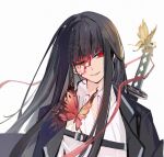  1girl black_hair blood blood_on_face bug butterfly highres limbus_company one_eye_closed project_moon qingqingxiaoo red_butterfly red_eyes ryoshu_(project_moon) simple_background solo upper_body white_background yellow_butterfly 