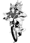  2girls absurdres air_shakur_(umamusume) animal_ears boots ear_ornament ears_through_headwear eyebrow_piercing face_piercing fine_motion_(umamusume) full_body gloves goggles goggles_on_headwear greyscale hand_on_another&#039;s_shoulder helmet highres horse_ears jewelry long_hair monochrome motor_vehicle motorcycle multiple_girls multiple_rings natsume_(natsume_041) on_motorcycle open_mouth pants piercing puff_of_air ring sharp_teeth shirt skirt slit_pupils smile teeth umamusume 